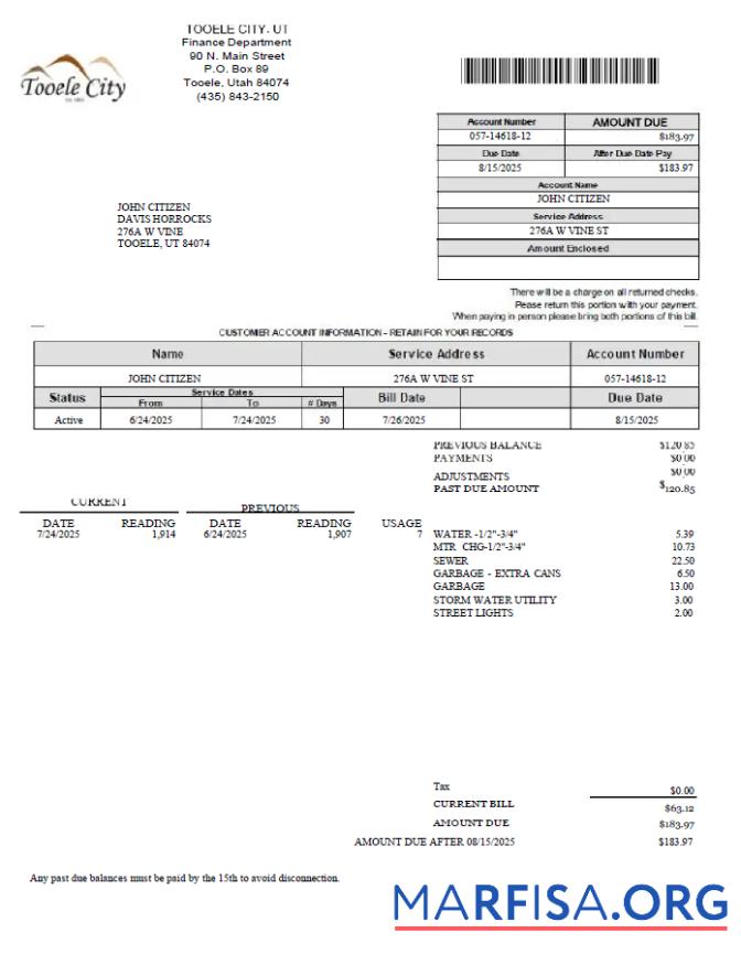 Blank USA Tooele city utility bill template in Word and PDF formats